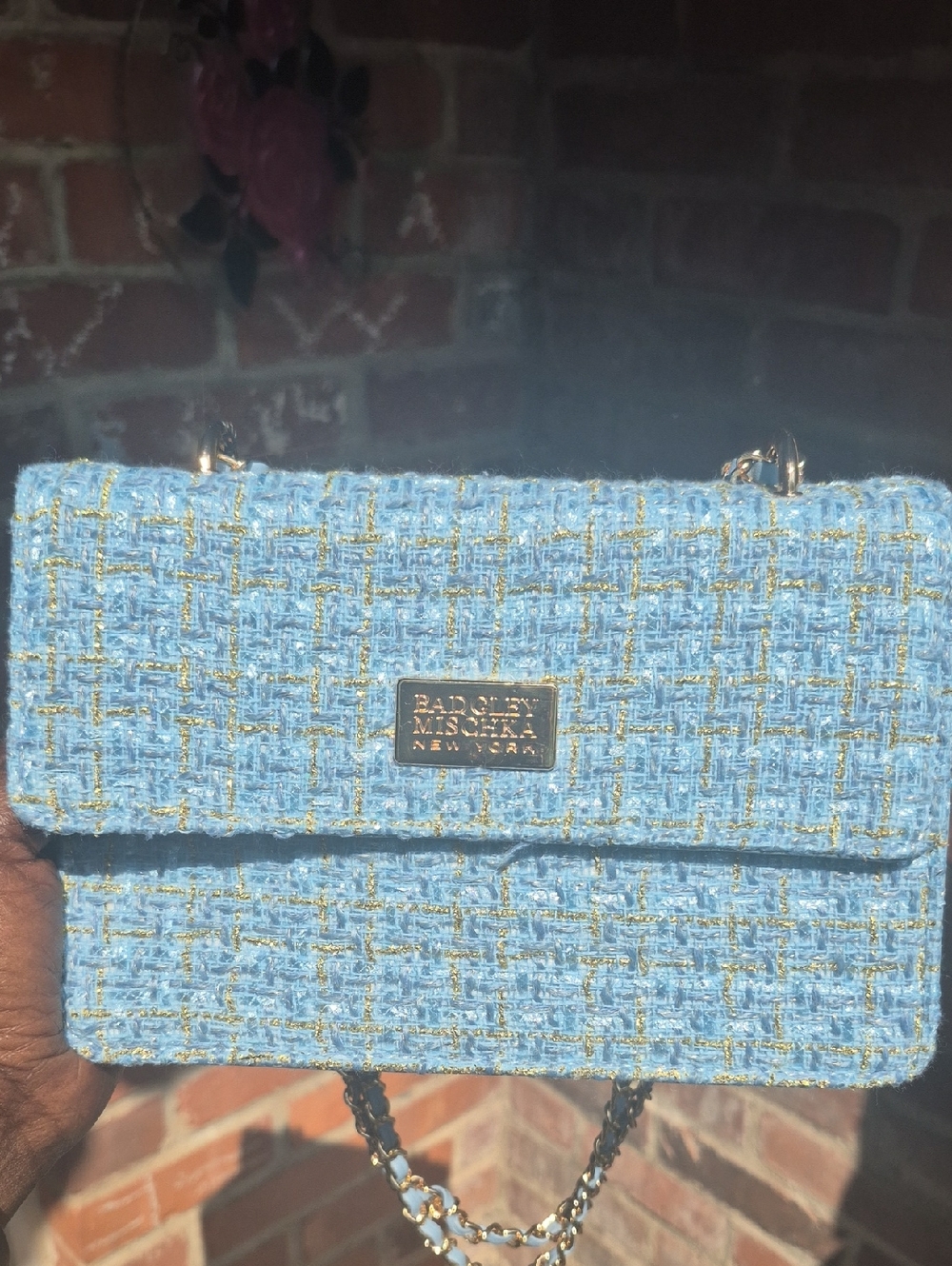 Badgley Mischka Light Blue Tweed Chain Flap Bag with Gold Hardware